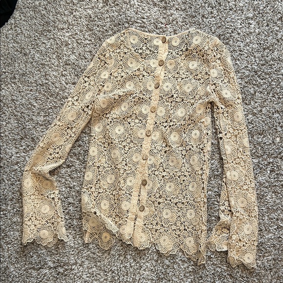 Double Zero Tops - Crochet Lace Button- back Long Sleeve Top - Cream